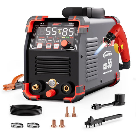 Plasma Cutter 55 Amp With Non Touch Pilot Arc And Large LED Display Pro Grade Dual Voltage 110 To 220 Volt IGBT Inverter The Air Sensor Technology 2T And 4T Modes Cuts Up To Three Quarters Inch Plate And Mesh With Clean Precise Cuts with accessories