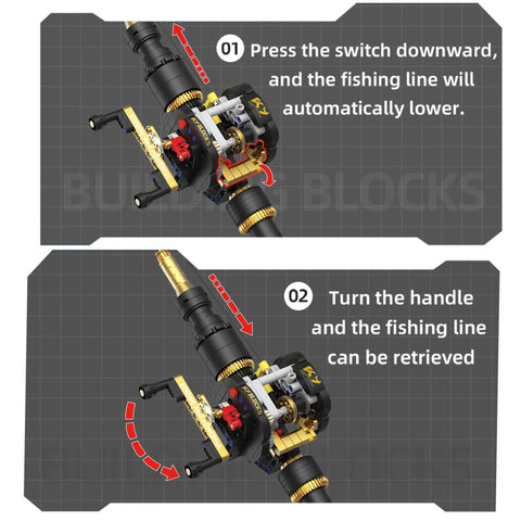 Fishing Rod Building Block Set 589 Plus Pieces Compatible With LEGO STEM Building Toys demonstration of reel operation