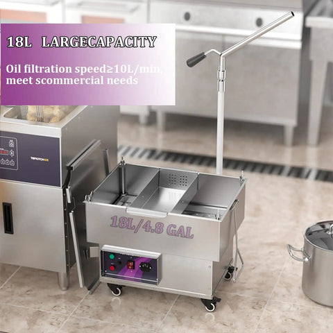 KYTGFH Commercial Deep Fryer Oil Filter Machine 250W Pump with 18L capacity in a professional kitchen setting.