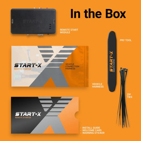 Remote Starter Kit For Ford F 150 F 250 F 350 Ranger Transit Transit Connect Bronco Sport Edge Escape Expedition And Explorer Plug And Play With Easy Install DIY Ready And Push To Start Or Key Ignition components including remote start module, vehicle harness, pry tool, zip ties, and guide.