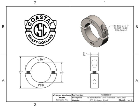Dang Tough Two Piece Shaft Collars With 1.75 Inch Bore Diameter Premium 303 Stainless Steel technical drawing with dimensions.