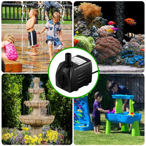 Quiet Submersible Pump 400 GPH With 5 Ft Tubing for ponds, aquariums, fountains, hydroponics displayed with outdoor scenes