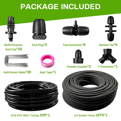 230 Foot Drip Irrigation System With One Quarter Inch Soaker Hose And Weeping Technology package contents