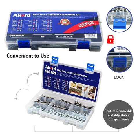 DIY Ready Flat Head And Concrete Nails Kit 420 Piece Set with clear compartment box showing nail variety and lock feature.