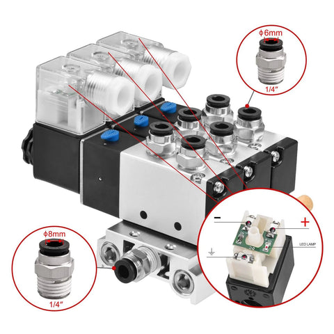 All-In-One Electrical Pneumatic Triple Solenoid Valve 4V210-08 DC24V PT1 Quarter Inch Port 5 Way 2 Position Internally Piloted Valve Kit