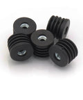 Six Pack 1.1 Inch Thread Tube Plugs With M8 Screw Holes, Black Plastic Round Nut Furniture Leg Plugs, front view on white background