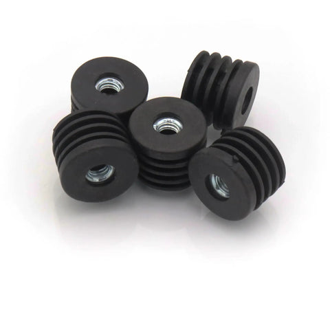 Six Pack 1.1 Inch Thread Tube Plugs With M8 Screw Holes, Black Plastic Round Nut Furniture Leg Plugs, front view on white background