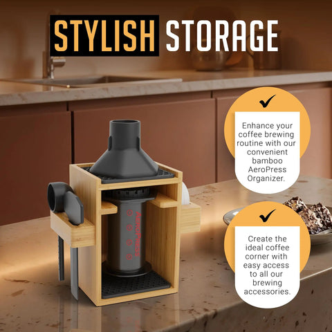Compact AeroPress Organizer Stand Bamboo Coffee Caddy Station With Filter Holder on a kitchen countertop