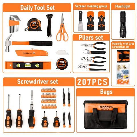 207 Piece Portable Home Repair Tool Kit For DIY Enthusiasts And Handymen With A 13 Inch Wide Mouth Storage Tool Bag Includes Flashlight Magnetic Wristband Hammer Level Auto Lock Tape Measure Pliers Screwdrivers And Bits shown with orange and black tools and bag