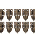 Set of 10 retro duckbilled toggle hasp latches with antique bronzed finish, part of kit for small jewelry boxes and cabinets.