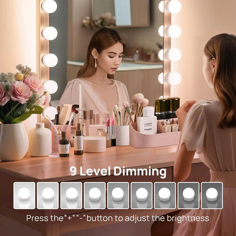 Woman applying makeup with Hollywood Style Vanity Mirror Lights With 14 Dimmable Bulbs, 9 Brightness Levels, USB Powered