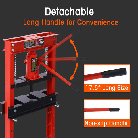 Pro Grade Hydraulic Shop Press Boasts A Rock Solid 12 Ton Capacity With Stable Floor Mount Framing And Flexible Adjustable Work Surfaces For No Sweat Garage Repairs Today showing detachable long handle and hydraulic jack.