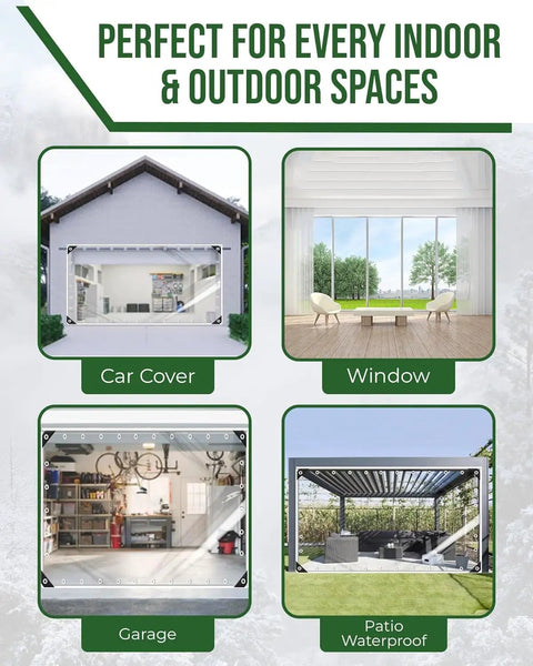 Clear Heavy Duty PVC Outdoor Tarp With Grommets For Weatherproof Coverage on carport, window, garage, and patio, 10x20 ft use