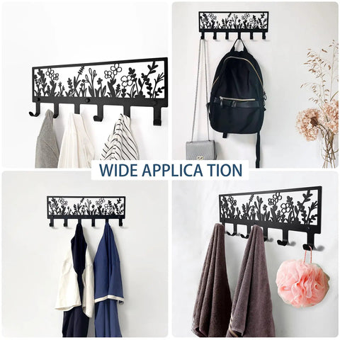 Floral Wall Mounted Coat Rack With Six Hooks In Matte Black Metal Totally Perfect For Coats Hats Bags Keys Towels And More