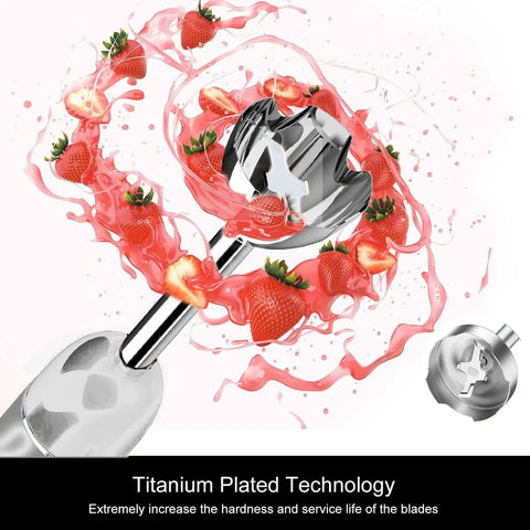 Titanium-Reinforced 3-In-1 Immersion Hand Blender With Copper Motor, blending strawberries to demonstrate sharp blade efficiency.