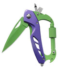 Six In One Multitool Carabiner With Folding Knife And Bottle Opener For Camping And Hiking, EDC Gear including screwdrivers, in purple and green.