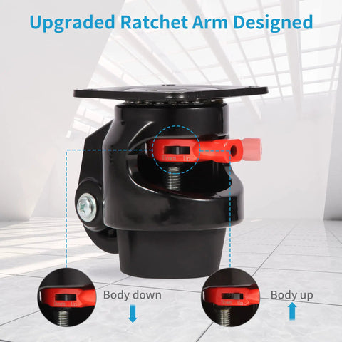 Top Shelf Leveling Casters Set Of 4 Beast Mode Ratchet Arm Base showing upgraded ratchet design for easy height adjustments.
