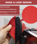 Using 6-Inch Do-It-All Hook And Loop Sanding Sponges Discs 400-3000 Grit with a red sander, showcasing hook-and-loop design.