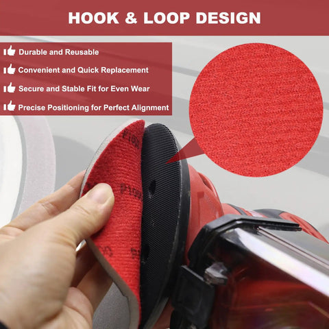 Using 6-Inch Do-It-All Hook And Loop Sanding Sponges Discs 400-3000 Grit with a red sander, showcasing hook-and-loop design.