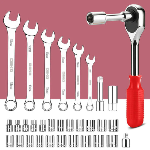 228 Piece Home Tool Kit With Storage Case And Socket Wrench Set For Car Maintenance, chrome finish steel tools displayed
