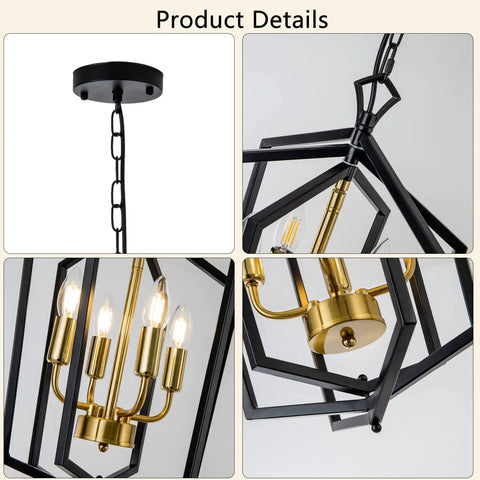 Four Light Dining Room Pendant Light Fixture Over Table Dope Black Farmhouse Chandelier Metal Modern Style for Kitchen Island Living Room Foyer and Entryway Brushed Brass Finish close-up details