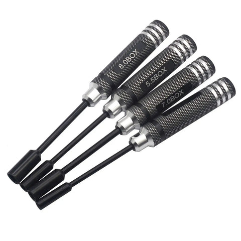 Four Piece Hex Nut Key Socket Driver Set For RC Gear 4.0, 5.5, 7.0 And 8.0 Millimeter Sockets Aluminum Sleeve Wrench Set