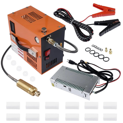 Rock Solid Heavy Duty High Pressure Portable Pcp Air Compressor Pushes Hard To 4500 Psi With Brushless Motor, includes hoses and clamps.