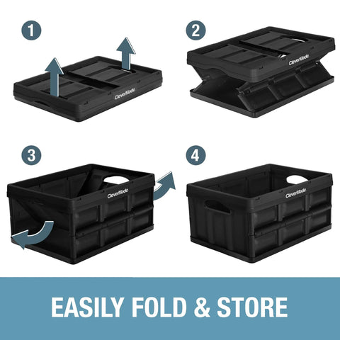 Steps to unfold Collapsible Storage Bins 32L Three Pack Heavy Duty Stackable Crates for easy storage and space saving.