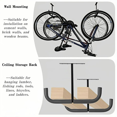 Overhead Garage Storage Hooks And Heavy Duty Double Ceiling Rack For Lumber Ladders Bikes Tires And Other Bulky Gear Up To 66 Lbs 30 Kg Easy Ceiling Mount Space Saving Organization installed for bike and lumber storage