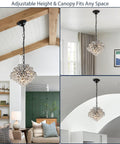 Chrome Modern Pendant Chandelier With Crystal Raindrop Lighting installed in three different room settings, adjustable chain visible.