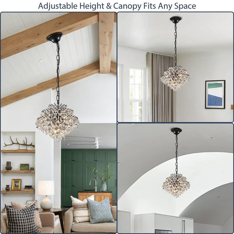 Chrome Modern Pendant Chandelier With Crystal Raindrop Lighting installed in three different room settings, adjustable chain visible.