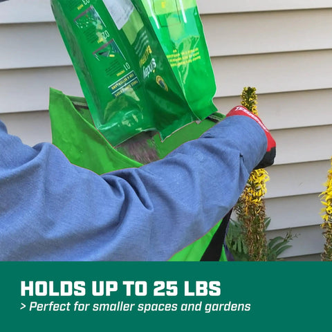 Handheld Lawn Spreader With 25Lb Capacity For Grass Seed And Fertilizers, person filling seeder, waterproof design.
