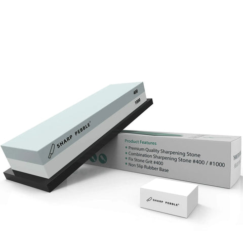Two Sided Whetstone Knife Sharpening Stone 400/1000 Grit Kit with Flattening Stone and Non Slip Base displayed with packaging