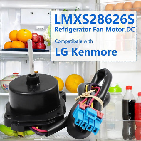 Direct Fit Refrigerator Condenser Fan Motor Replacement For Compatible Models LMXS28626S04 LMXS28626S06 shown in front of fridge.