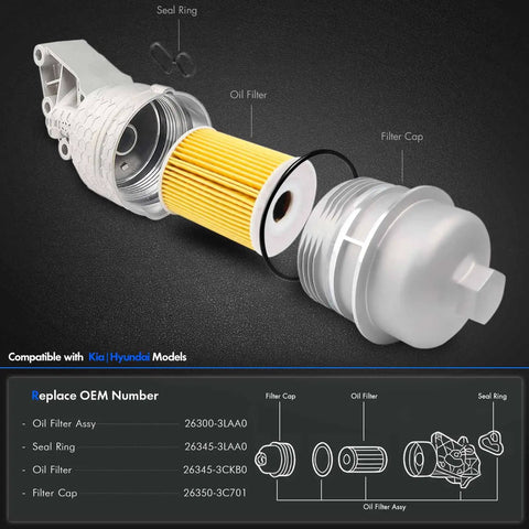 Premium Aluminum Oil Filter Assembly Kit With Seal Ring And Top Shell Bolt-On Replacement For Hyundai Palisade 2020-2024 Genesis G80 2017-2020 OEM 26300-3LAA0