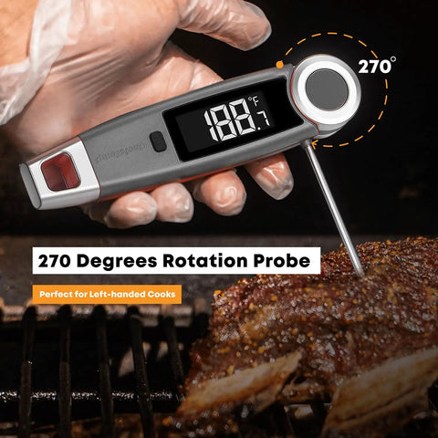 X10 Instant Read Digital Meat Thermometer With Rotating Probe Backlit Display measuring temperature on grill