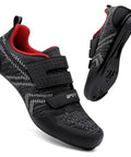 Glow In The Dark Unisex Cycling Shoes With Preinstalled Look Delta Cleats For Peloton And Road Bikes Easy Clip In Night Riding Ready Black Size 43 Durable Breathable All Weather Training, side view with red inner lining.