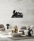 Vintage Steam Locomotive Metal Wall Art For Living Room Office And Apartment Black 16 Inch Dope Rustic Industrial Decor Sign Outdoor Durable Iron Sculpture For Your Modern Home displayed on a concrete wall in a modern living room.