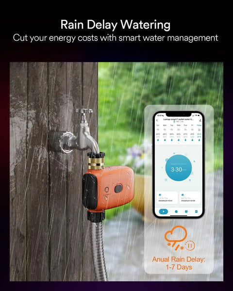 WiFi Garden Hose Water Timer With Hub For Remote Auto Irrigation shown in rain with app control features on display