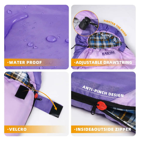Water-Resistant Portable Purple Sleeping Bag For Adults Teens And Kids, showing waterproof material, adjustable drawstring, Velcro, and zipper.