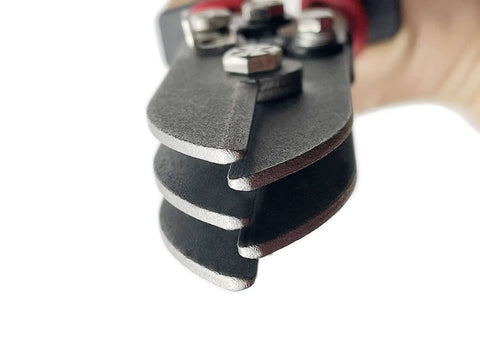 Close-up of five blade sheet metal crimper hand crimper for 24 to 28 gauge ductwork downspout and stove pipe HVAC tool.
