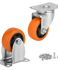Heavy Duty 3 Inch Caster Wheels Set Of 4 With 2 Swivel And 2 Rigid Ball Bearing Casters, orange polyurethane wheels and metal brackets.