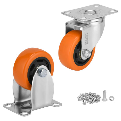 Heavy Duty 3 Inch Caster Wheels Set Of 4 With 2 Swivel And 2 Rigid Ball Bearing Casters, orange polyurethane wheels and metal brackets.