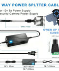 8-way splitter cable for 12V 5A CCTV power supply, showing dimensions and connectors for security cameras