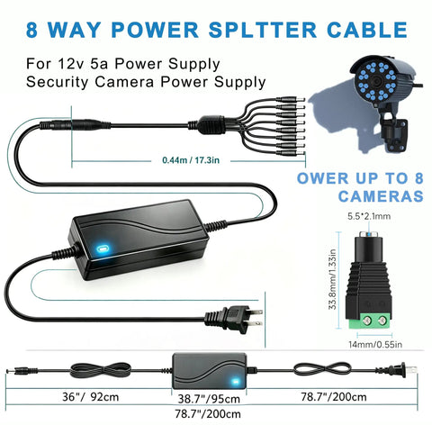 8-way splitter cable for 12V 5A CCTV power supply, showing dimensions and connectors for security cameras