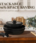 Stackable black cookware with detachable handle, Nonstick Pots And Pans Set For RV Living 20 Pack Stackable Cookware.