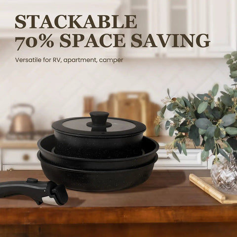 Stackable black cookware with detachable handle, Nonstick Pots And Pans Set For RV Living 20 Pack Stackable Cookware.
