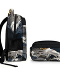 Side view of Space Satellite Print Unisex Backpack With Large Capacity Durable Polyester Build Breathable Easy To Clean Smooth Zipper Dope Style And Lightweight Everyday Carry For School Or Travel