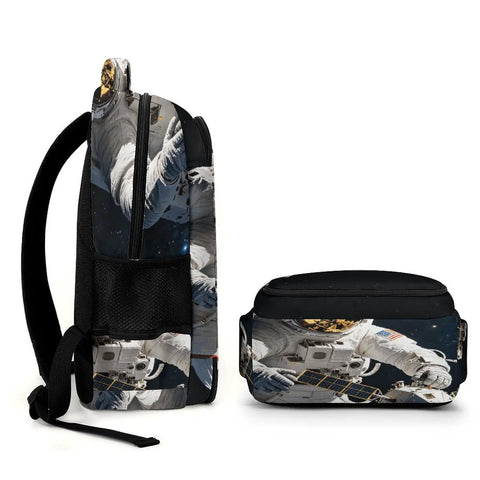 Side view of Space Satellite Print Unisex Backpack With Large Capacity Durable Polyester Build Breathable Easy To Clean Smooth Zipper Dope Style And Lightweight Everyday Carry For School Or Travel