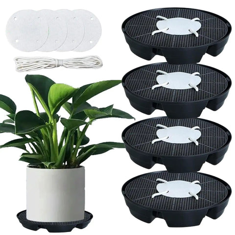 Self Watering Pot Base For Indoor And Outdoor Plants, Auto Irrigation System Plant Saucer With Durable PP Tray shown with plant and parts